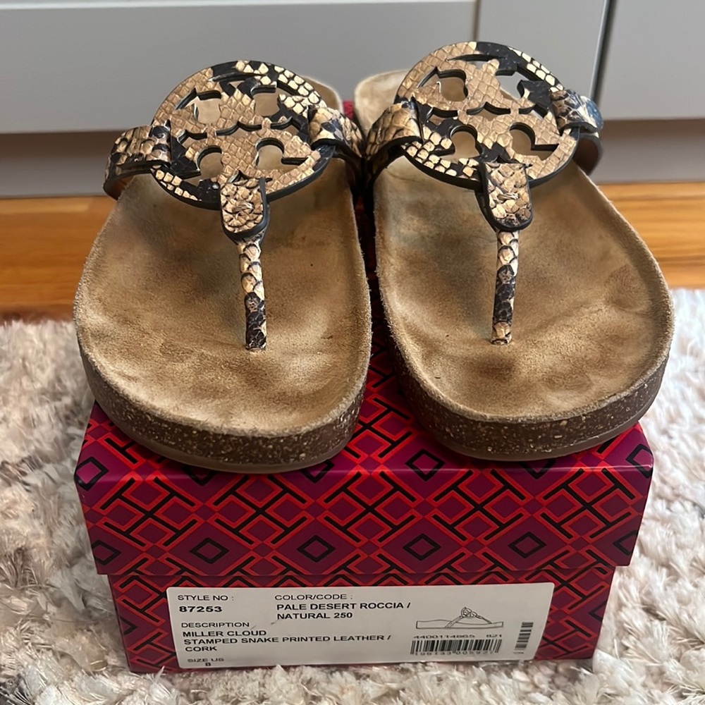 Tory Burch Miller Cloud Stamped snake printed leather/cork sandals.